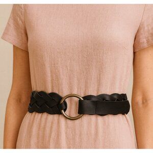 Esprit Women’s Black Buffalo Leather Braided Belt Size M Vintage Style Ring Buck